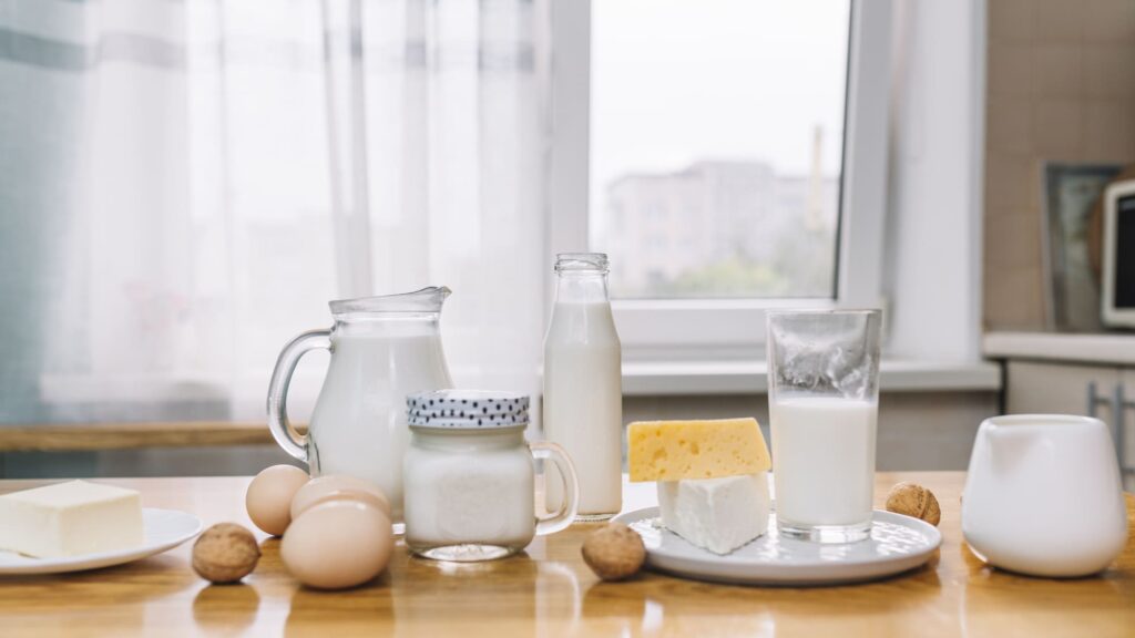 milk-cheese-eggs-nuts-wooden-table-kitchen - BOH Kefir
